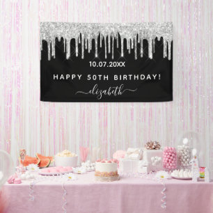 Birthday party black silver glitter sparkle glam banner