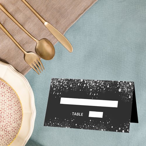 Birthday party black silver glitter sparkles place card