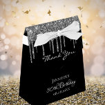 Birthday party black silver glitter thank you favor boxes<br><div class="desc">For a girly and glamorous 50th (or any age) birthday party.  A chic black background with trendy faux silver glitter drips,  paint dripping look.  Personalize and add a name and age 50.  With the text: Thank You written with a modern hand lettered style script.  Light gray colored letters.</div>