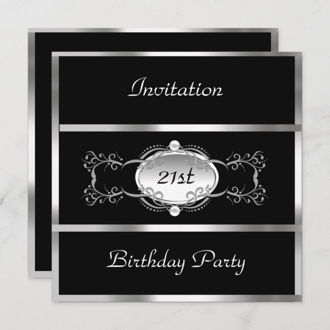Birthday Party Black Silver Personalized Invitation (Front/Back)