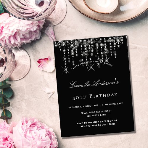 Birthday party black silver star budget invitation