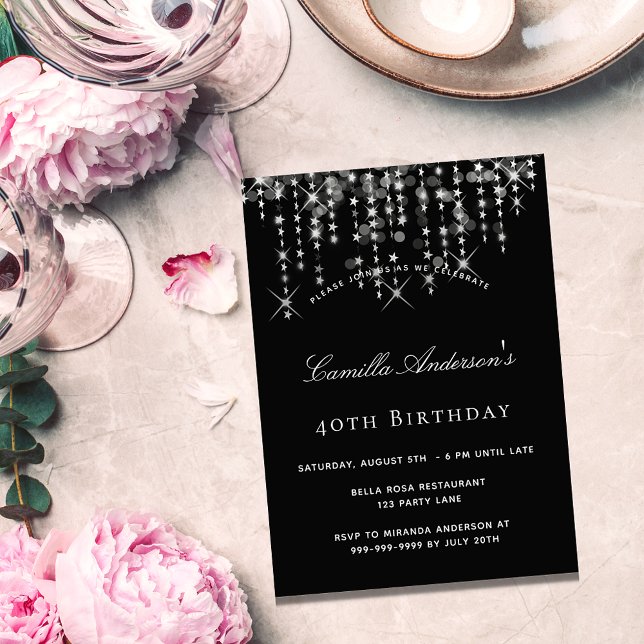 Birthday party black silver stars elegant invitation (Creator Uploaded)