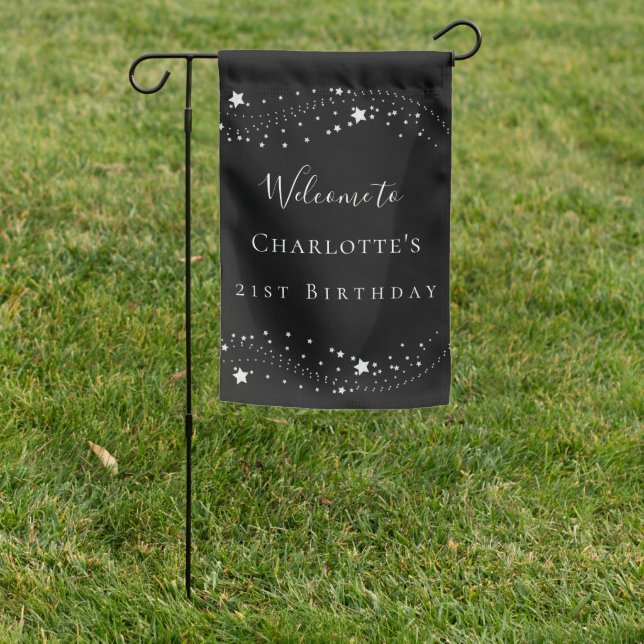 Birthday party black silver stars elegant welcome garden flag (In SItu)