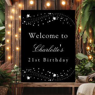 Birthday party black silver stars elegant welcome poster