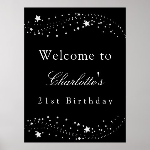 Birthday party black silver stars elegant welcome poster