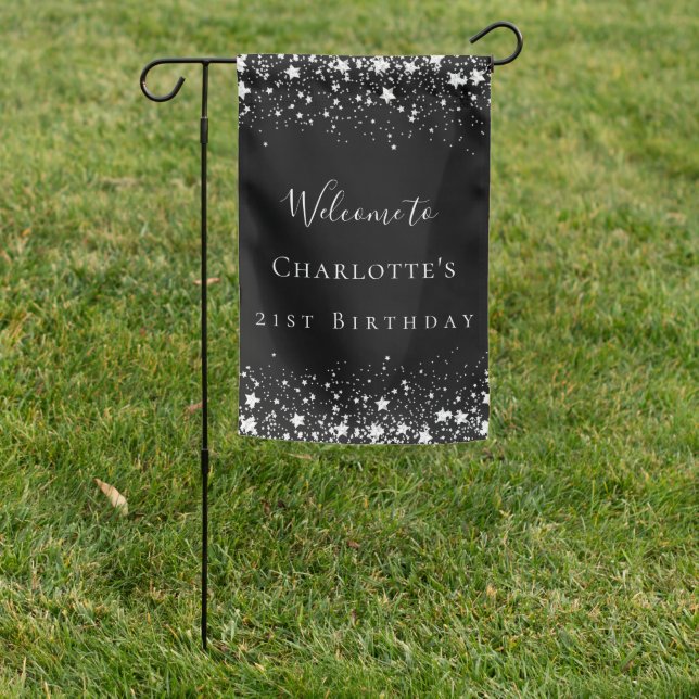 Birthday party black silver stars welcome garden flag (In SItu)