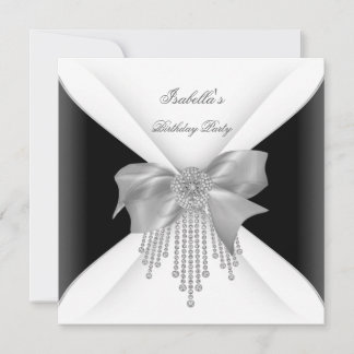 Birthday Party Black Silver White Diamond Bow Invitation