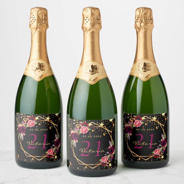 Birthday party black stars burgundy florals name sparkling wine label (Bottles)