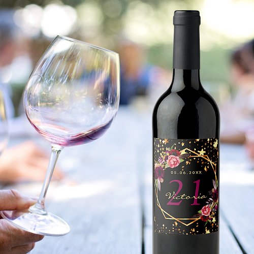 Birthday party black stars burgundy florals name wine label