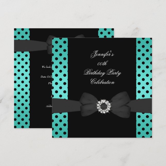 Birthday Party Black Teal Polka Dots Bow Invitation (Front/Back)