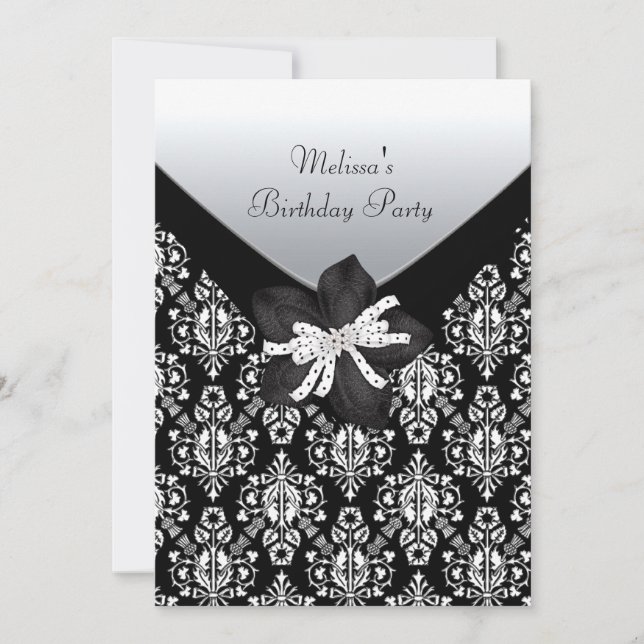 Birthday Party Black White Damask Invitation (Front)