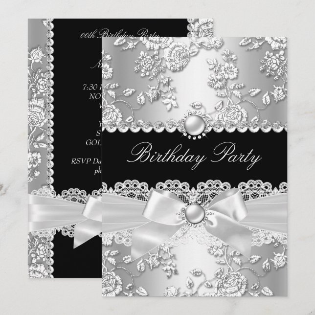 Birthday Party Black White Damask Rose Silver 2 Invitation (Front/Back)