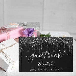 Birthday party black white glitter drips name guest book