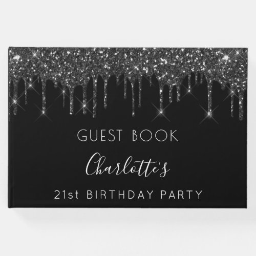 Birthday party black white glitter monogram guest book