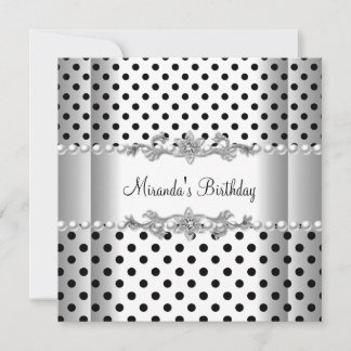 Birthday Party Black White Pearl Polka Dot Invitation