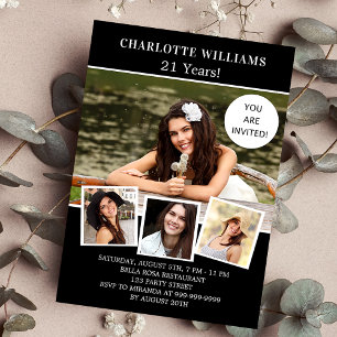 Birthday party black white photo collage luxury invitation