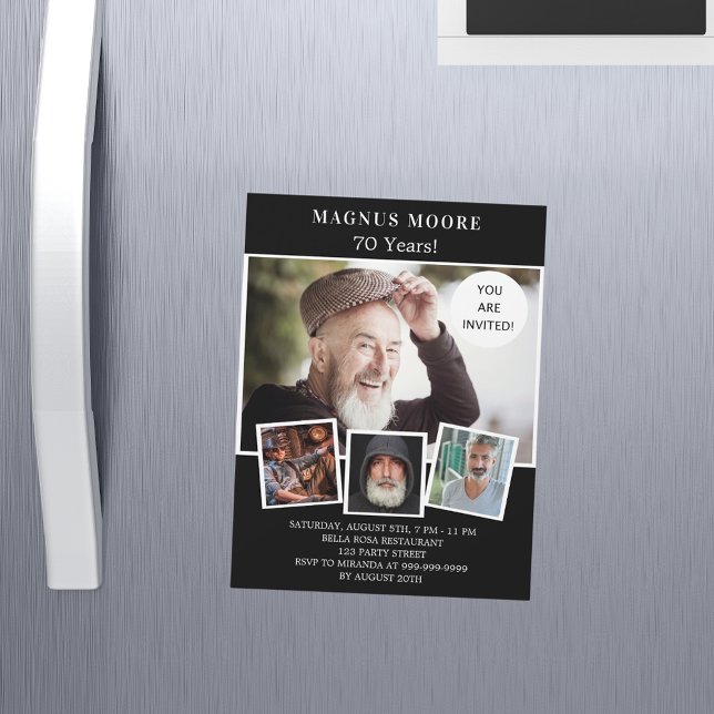 Birthday party black white photo collage luxury magnetic invitation (Creator Uploaded)