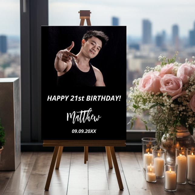 Birthday party black white photo modern guy foam board (Creator Uploaded)