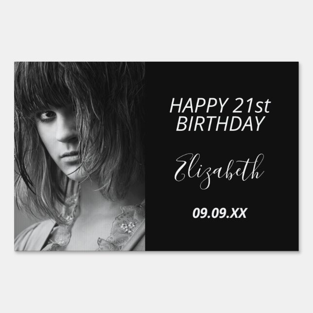 Birthday party black white photo sign (Front)