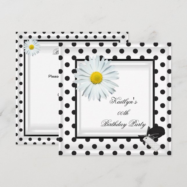 Birthday Party Black White Polka Dot Daisy Invitation (Front/Back)