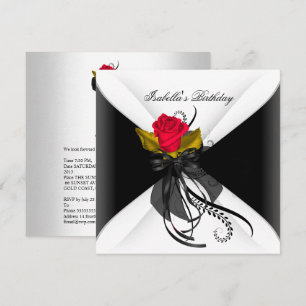 Birthday Party Black White Red Rose Invitation