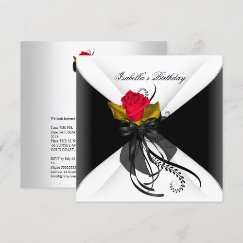 Birthday Party Black White Red Rose Invite