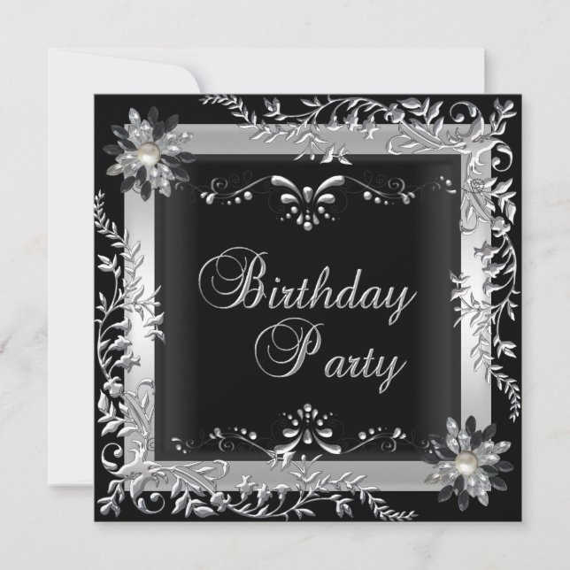 Birthday Party Black White Silver Invitation (Front)