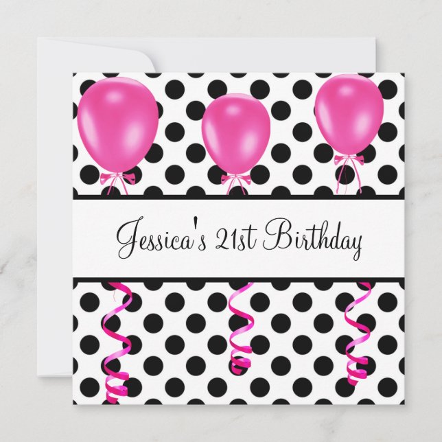 Birthday Party Black & White Spots Pink Balloons Invitation (Front)