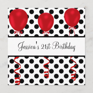 Birthday Party Black & White Spots Red Balloons Invitation