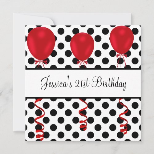 Birthday Party Black &amp; White Spots Red Balloons Personalized Invite