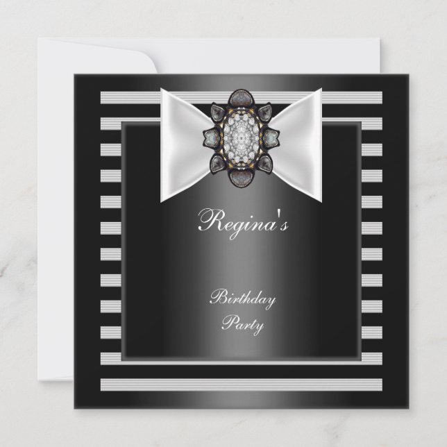 Birthday Party Black White stripe Bow Invitation (Front)