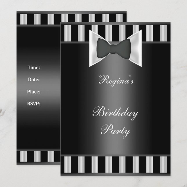 Birthday Party Black White stripe Bow tie Invitation (Front/Back)