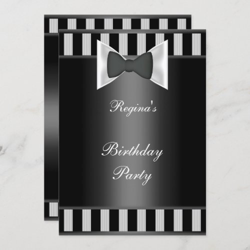 Birthday Party Black White stripe Bow tie Invitation