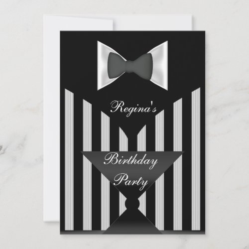 Birthday Party Black White stripe Bow tie Invitation