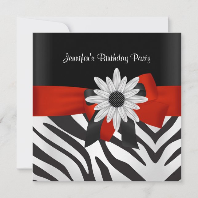 Birthday Party Black Zebra Stripe Red Flower Invitation (Front)