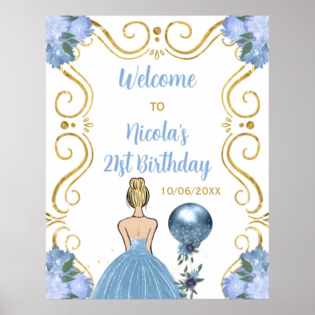 Birthday Party Blonde Princess Blue Welcome Poster (Front)