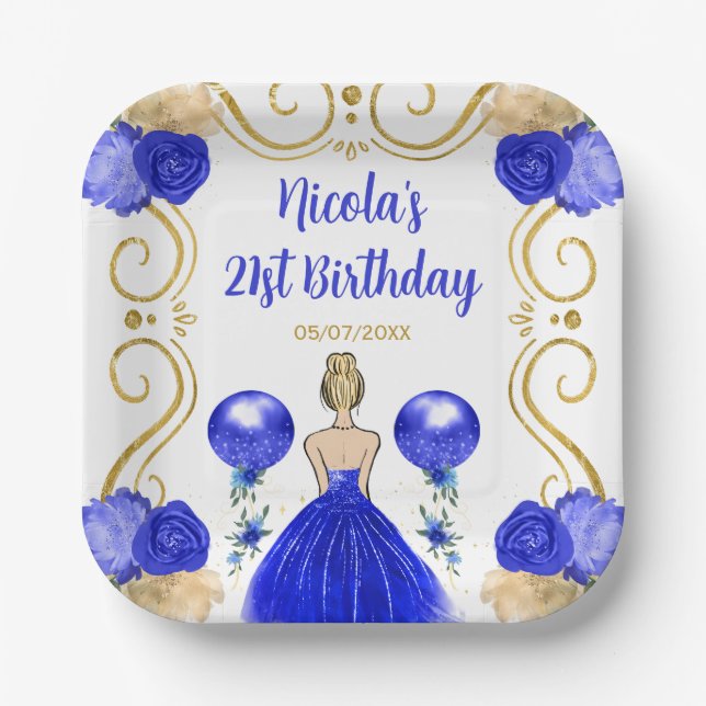 Birthday Party Blonde Princess in Blue Paper Plates (Front)