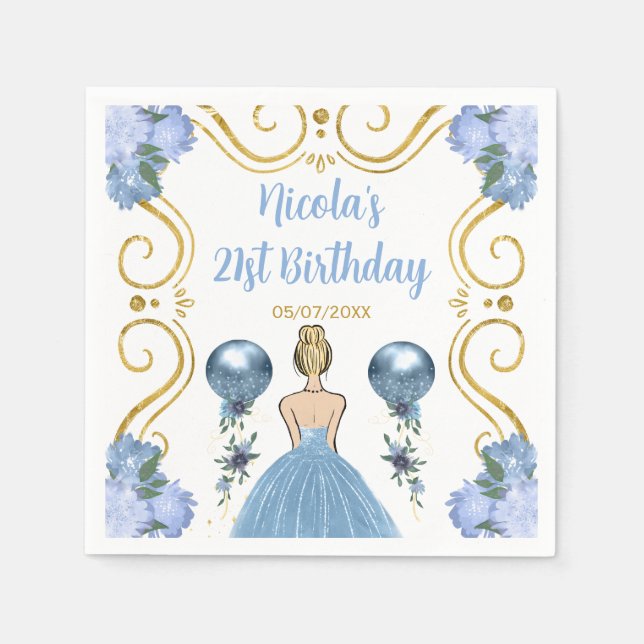 Birthday Party Blonde Princess in Dusty Blue Napkins (Front)