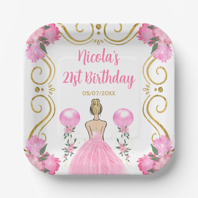 Birthday Party Blonde Princess in Pink Paper Plates (Front)