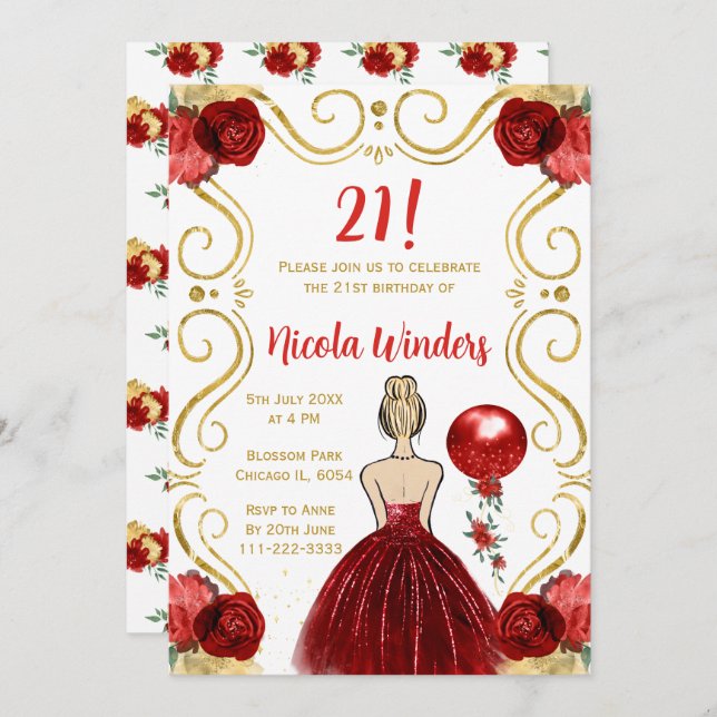 Birthday Party Blonde Princess in Red Invitation (Front/Back)