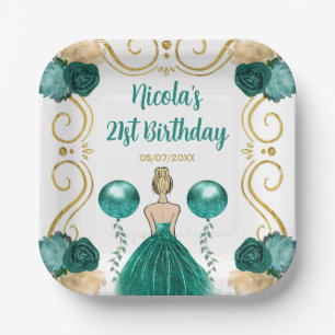 Birthday Party Blonde Princess in Teal Paper Plates