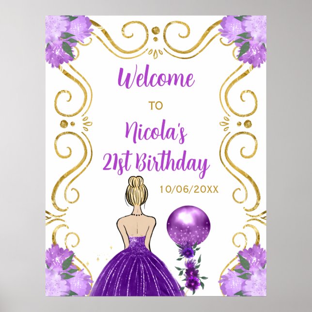 Birthday Party Blonde Princess Purple Welcome Poster (Front)