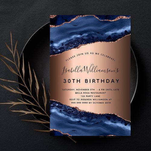 Birthday party blue agate marble rose gold invitation