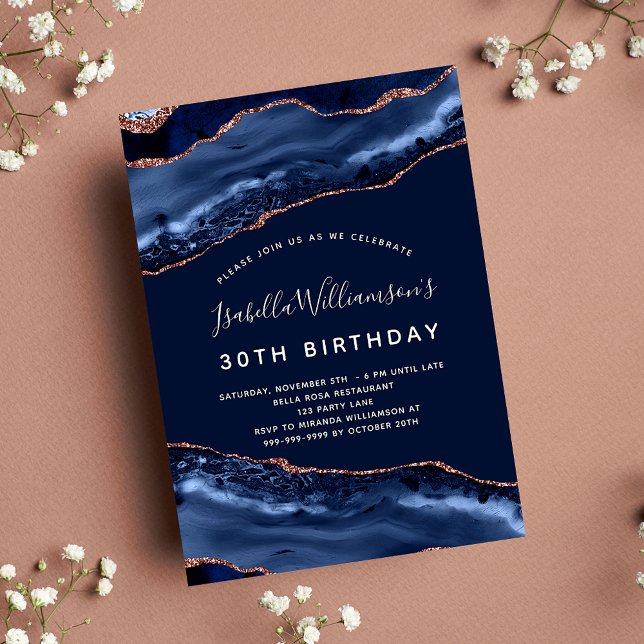 Birthday party blue agate marble rose gold  invitation postcard (Creator Uploaded)