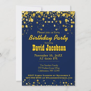 Birthday Party | Blue And Gold Invitation by GlitterInvitations at Zazzle