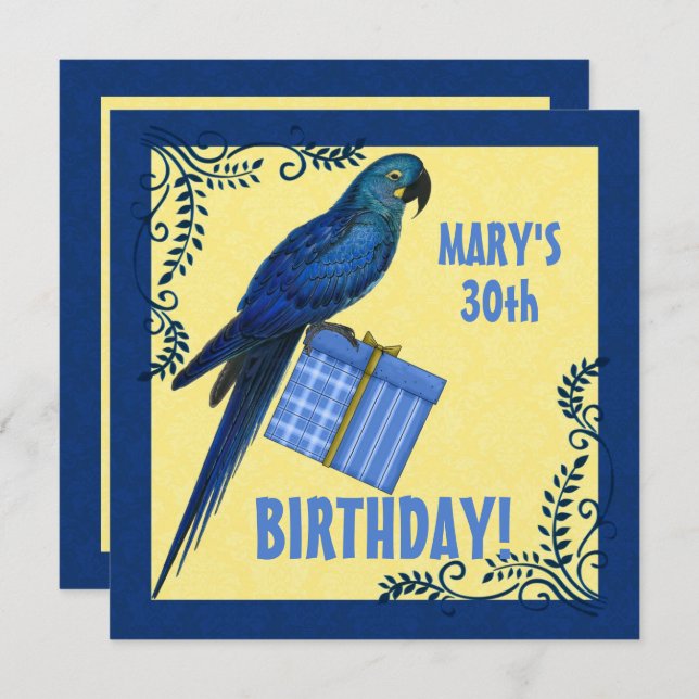 Birthday Party Blue and Yellow Macaw Parrot Invitation (Front/Back)