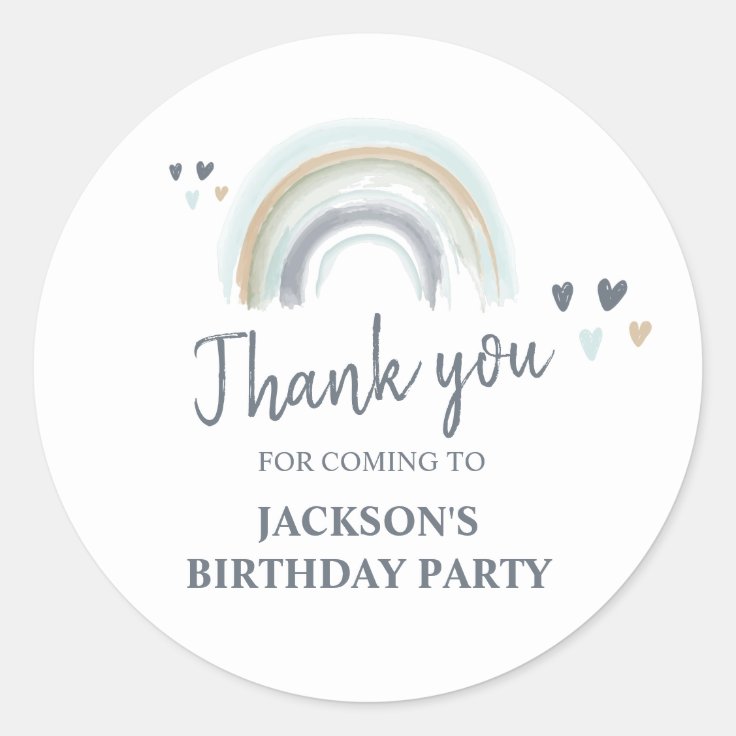 Birthday Party Blue Boho Rainbow Thank You Classic Round Sticker Zazzle