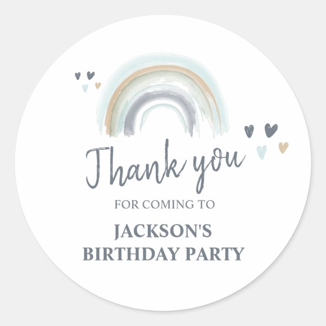 Birthday Party Blue Boho Rainbow Thank you  Classic Round Sticker (Front)