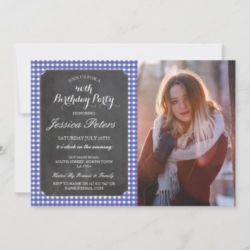 Birthday Party Blue Check Rustic Chalk Photo Invitation