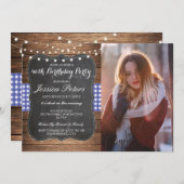 Birthday Party Blue Check Rustic Chalk Wood Photo Invitation (Front/Back)